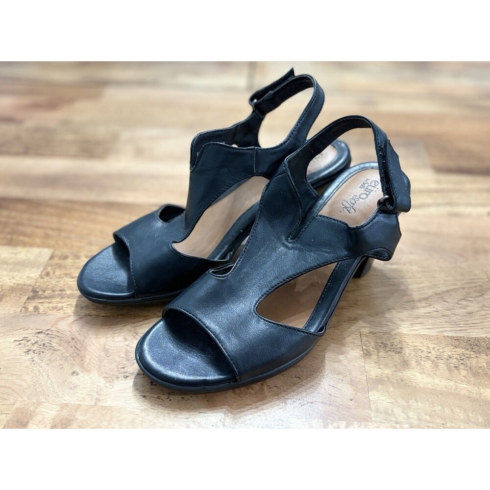 Euro Sofft Womens 8.5 Black Leather Slingback Platform Open Toe Chunky Sandals